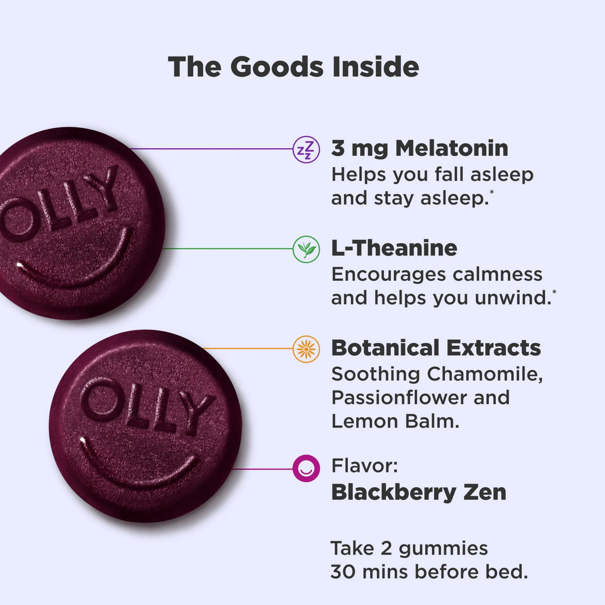 OLLY Sleep Gummy Supplements, Blackberry Zen Flavor, 10 Count Pouch - 3mg Melatonin, L-Theanine & Chamomile