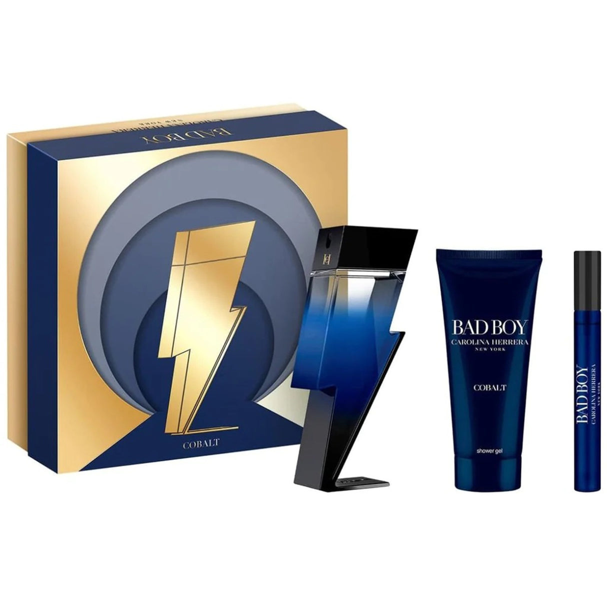 CAROLINA HERRERA BAD BOY COBALT 3 PCS SET: 3.4 EAU DE PARFUM ELECTRIQUE SPRAY + 0.34 EAU DE PARFUM ELECTRIQUE SPRAY + 3.4 SHOWER GEL.