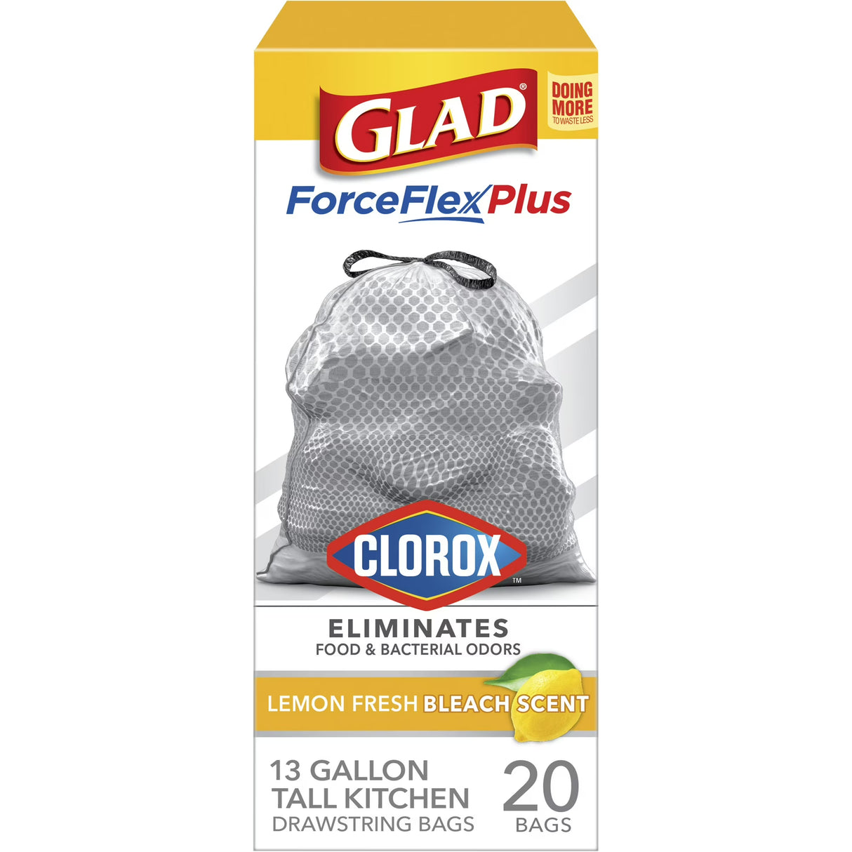 Glad ForceFlex Plus with Clorox Tall Kitchen Drawstring Trash Bags, 13 Gallon, Lemon Fresh Bleach Scent, 20 Count