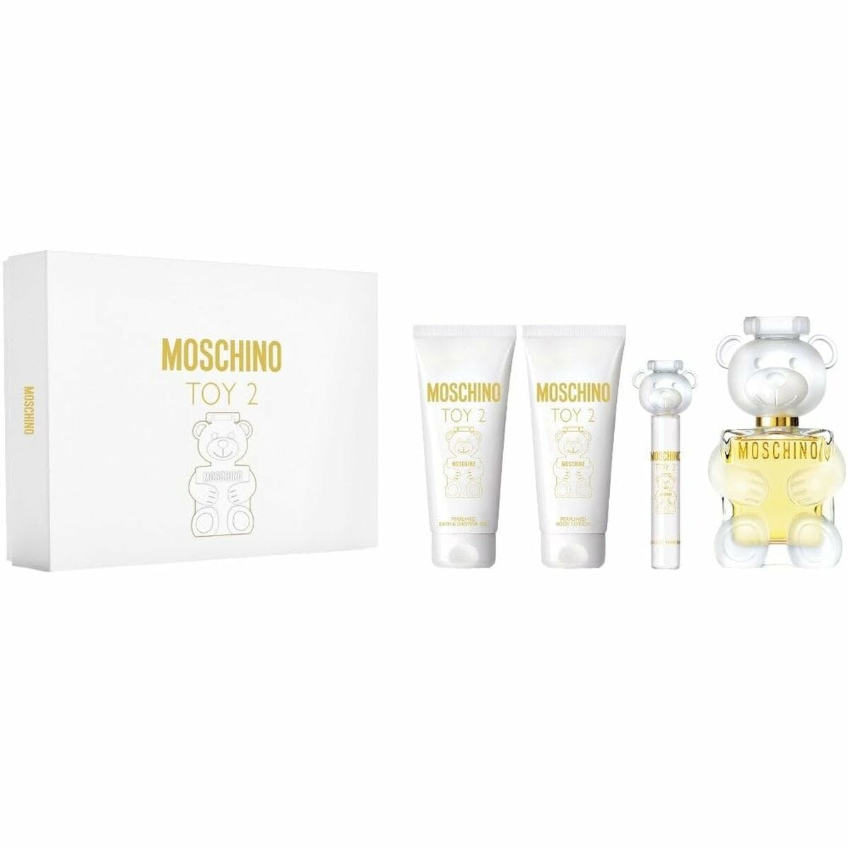 MOSCHINO TOY 2 4 PCS SET: 3.4 EAU DE PARFUM SPRAY + 0.3 OZ EAU DE PARFUM TRAVEL SPRAY + 3.4 PERFUMED BODY LOTION + 3.4 PERFUMED BATH & SHOWER GEL (HARD BOX.)