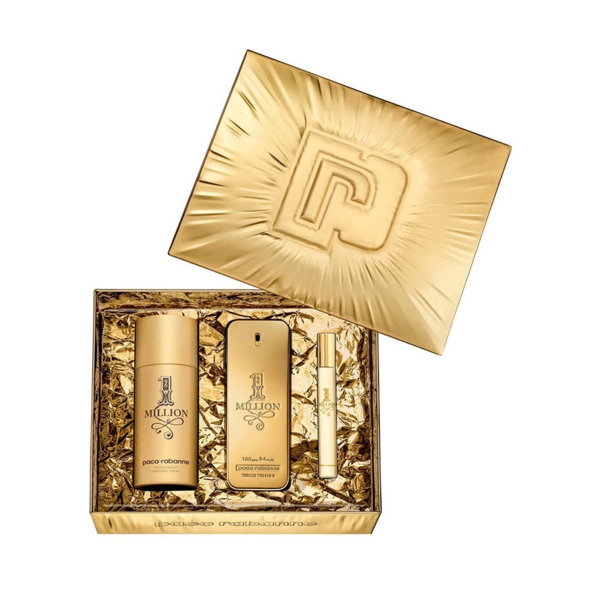 PACO RABANNE ONE MILLION 3 PCS SET FOR MEN: 3.4 EAU DE TOILETTE SPRAY + 0.34 EAU DE TOILETTE SPRAY + 5.1 DEODORANT SPRAY.