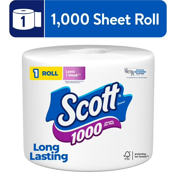 Scott 1000 Sheets Per Roll Bath Tissue, 1-Roll Pack - Long-Lasting & Septic Safe