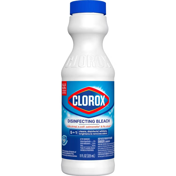 Clorox Concentrated Regular Disinfecting Bleach, 11 fl oz Bottle - Cleans, Whitens, and Kills 99.9% of Germs