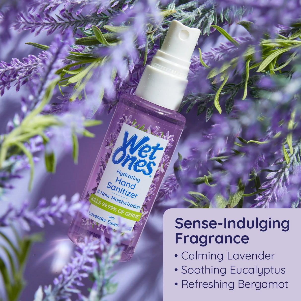 Wet Ones Hydrating Hand Sanitizer Spray, Lavender Scent, Travel Size (1.95 fl oz) - Kills 99.9% of Germs