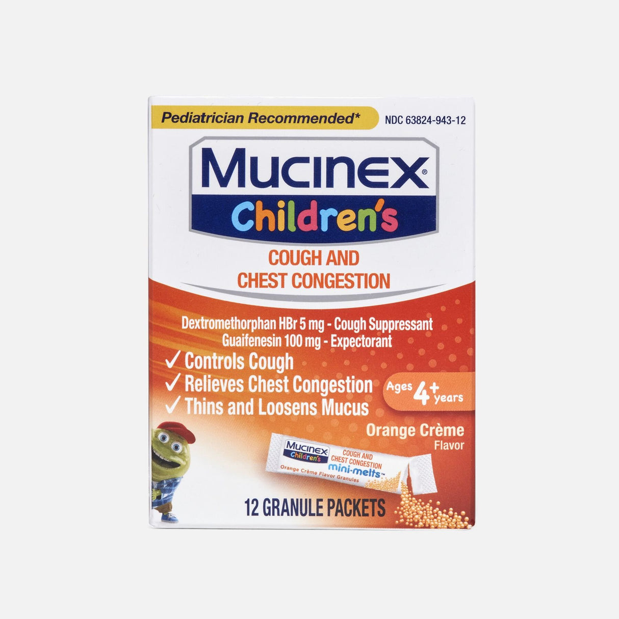 Mucinex Mini-Melts Expectorant Granules, Multi-Symptom Cold/Chest Congestion Relief, Orange or Cherry Flavor (2-Count or 4-Count Packets)