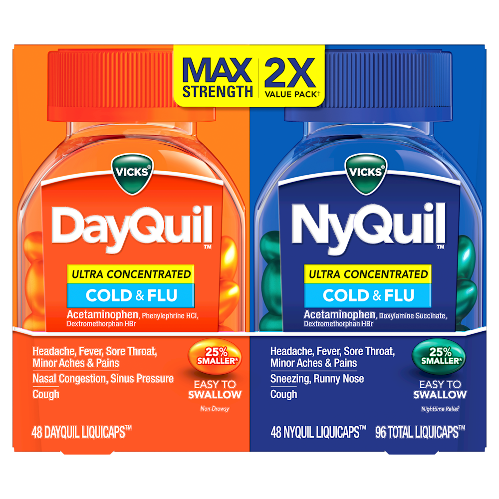 Vicks DayQuil & NyQuil Original Cold & Flu Relief LiquiCaps, 48-Count Combo Pack (24 DayQuil + 24 NyQuil) - Multi-Symptom Relief