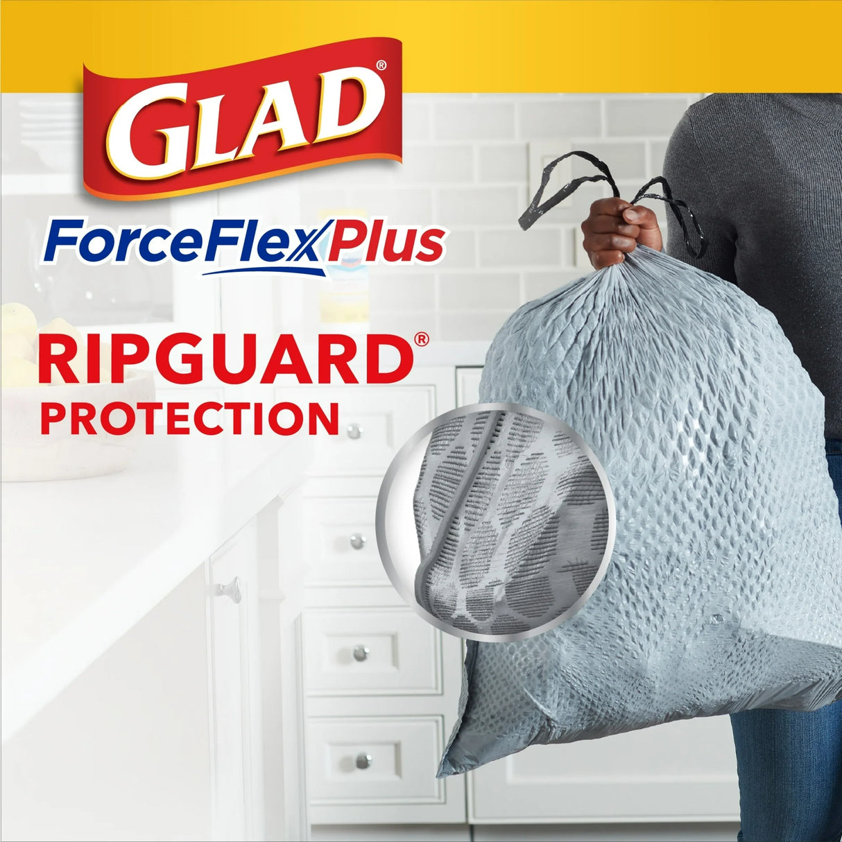 Glad ForceFlex Plus with Clorox Tall Kitchen Drawstring Trash Bags, 13 Gallon, Lemon Fresh Bleach Scent, 20 Count
