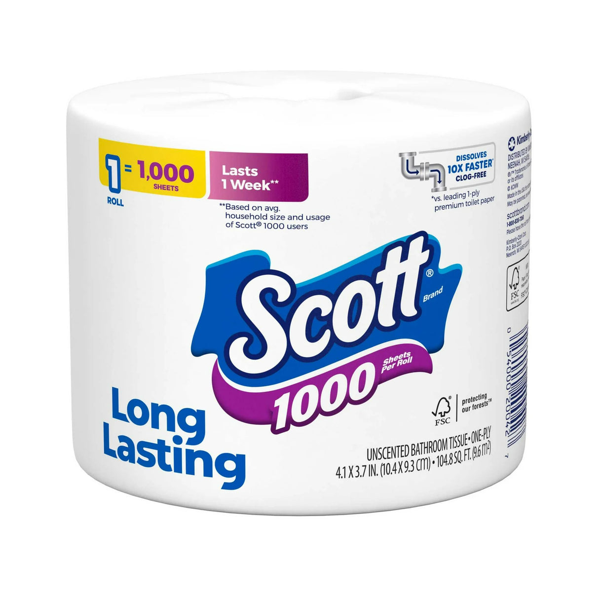 Scott 1000 Sheets Per Roll Bath Tissue, 1-Roll Pack - Long-Lasting & Septic Safe
