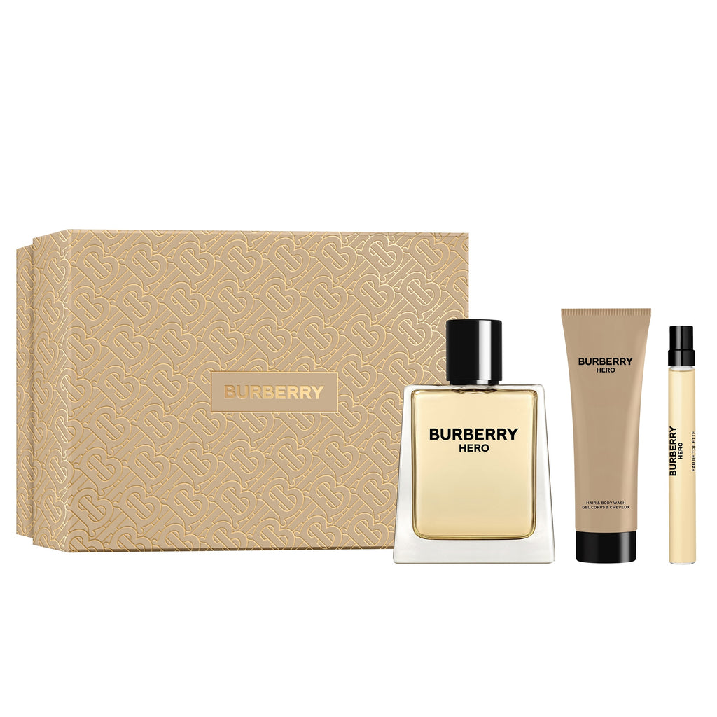 BURBERRY HERO 3 PCS SET FOR MEN: 3.4 EAU DE TOILETTE SPRAY + 0.33 EAU DE TOILETTE SPRAY + 2.5 BODY WASH (HARD BOX)