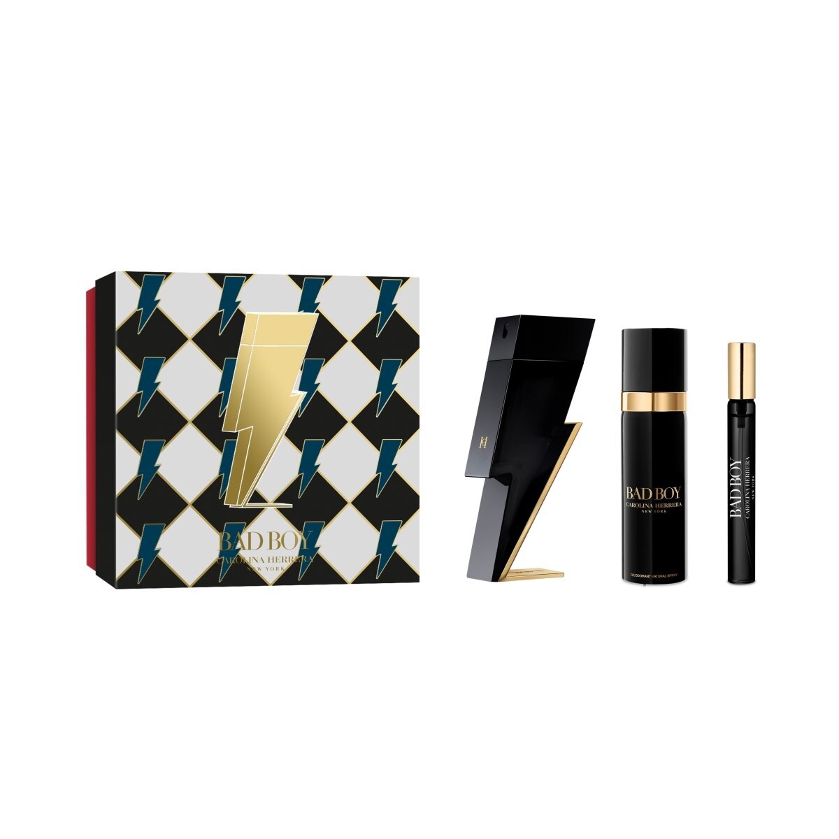 CAROLINA HERRERA BAD BOY 3 PCS SET: 3.4 EAU DE TOILETTE SPRAY + 0.34 OZ EAU DE TOILETTE SPRAY + 3.4 DEODORANT SPRAY (HARD BOX)