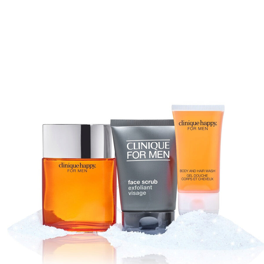 CLINIQUE HAPPY 3 PCS SET FOR MEN: 3.4 COLOGNE SPRAY + 3.4 FACE SCRUB + 1.7 BODY WASH