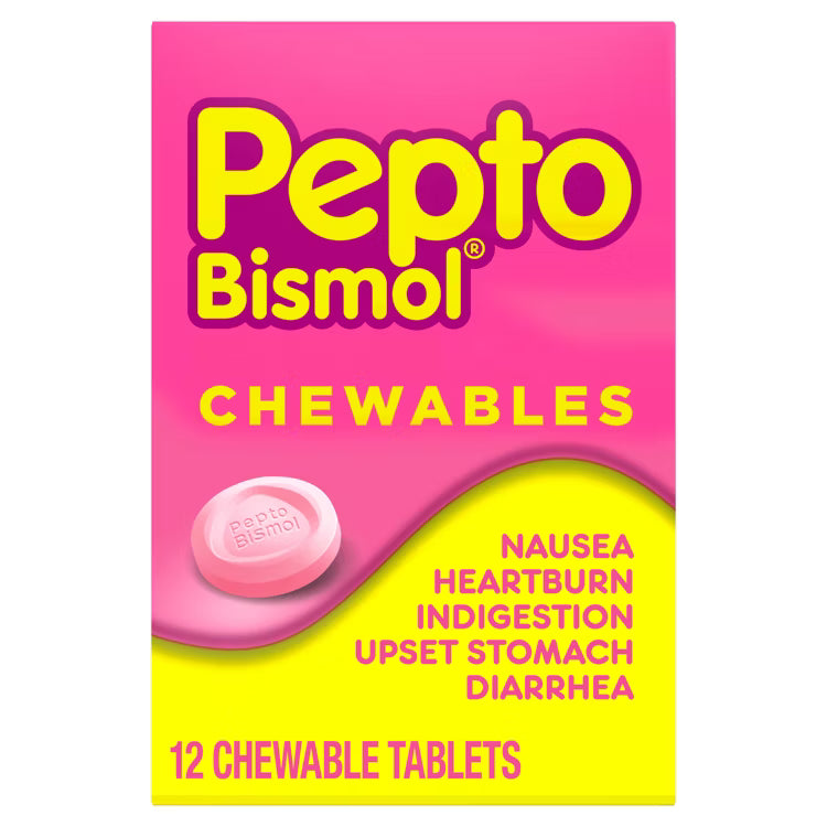 Pepto-Bismol Chewable Tablets, Original Flavor (Pink Bismuth), 12 Count Pack - 5 Symptom Digestive Relief