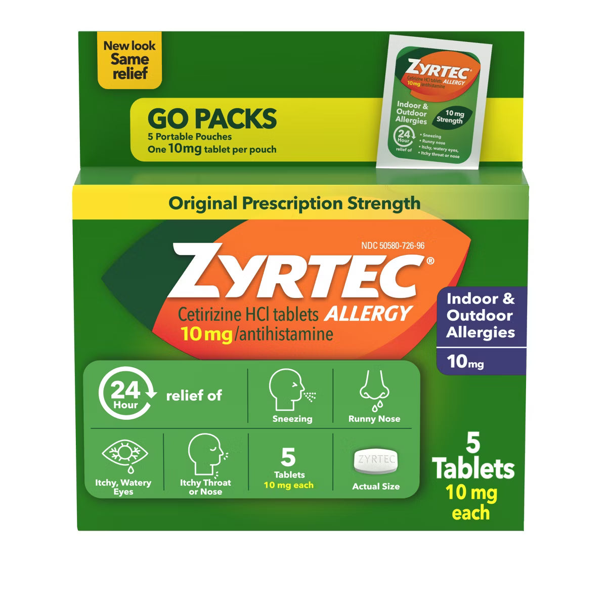 Zyrtec 24-Hour Allergy Relief Tablets, Cetirizine HCl 10mg, 5 Count Pack - Non-Drowsy Multi-Symptom Relief