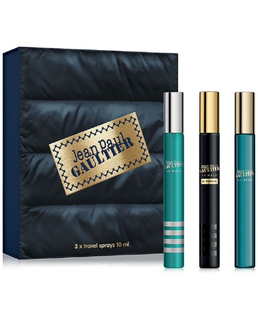 JEAN PAUL GAULTIER 3 X 0.34 TRAVEL SPRAY SET FOR MEN: LE MALE EAU DE TOILETTE + LE MALE LE PARFUM EAU DE PARFUM INTENSE + LE BEAU EAU DE TOILETTE
