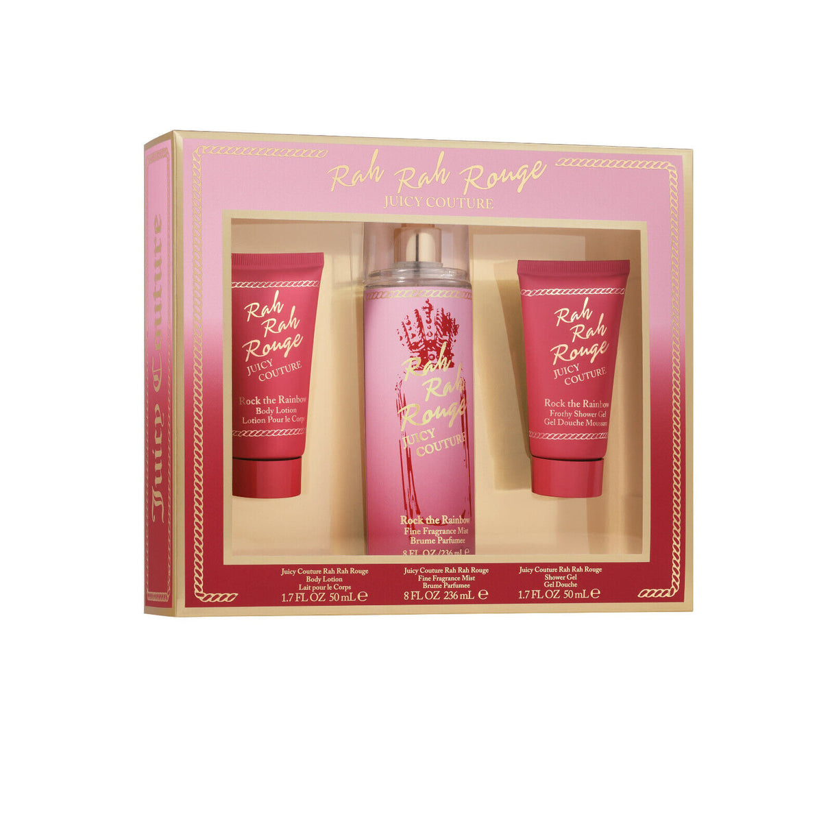 JUICY COUTURE RAH RAH ROUGE 3 PCS SET FOR WOMEN: 8 OZ FRAGRANCE MIST + 1.7 BODY LOTION + 1.7 SHOWER GEL