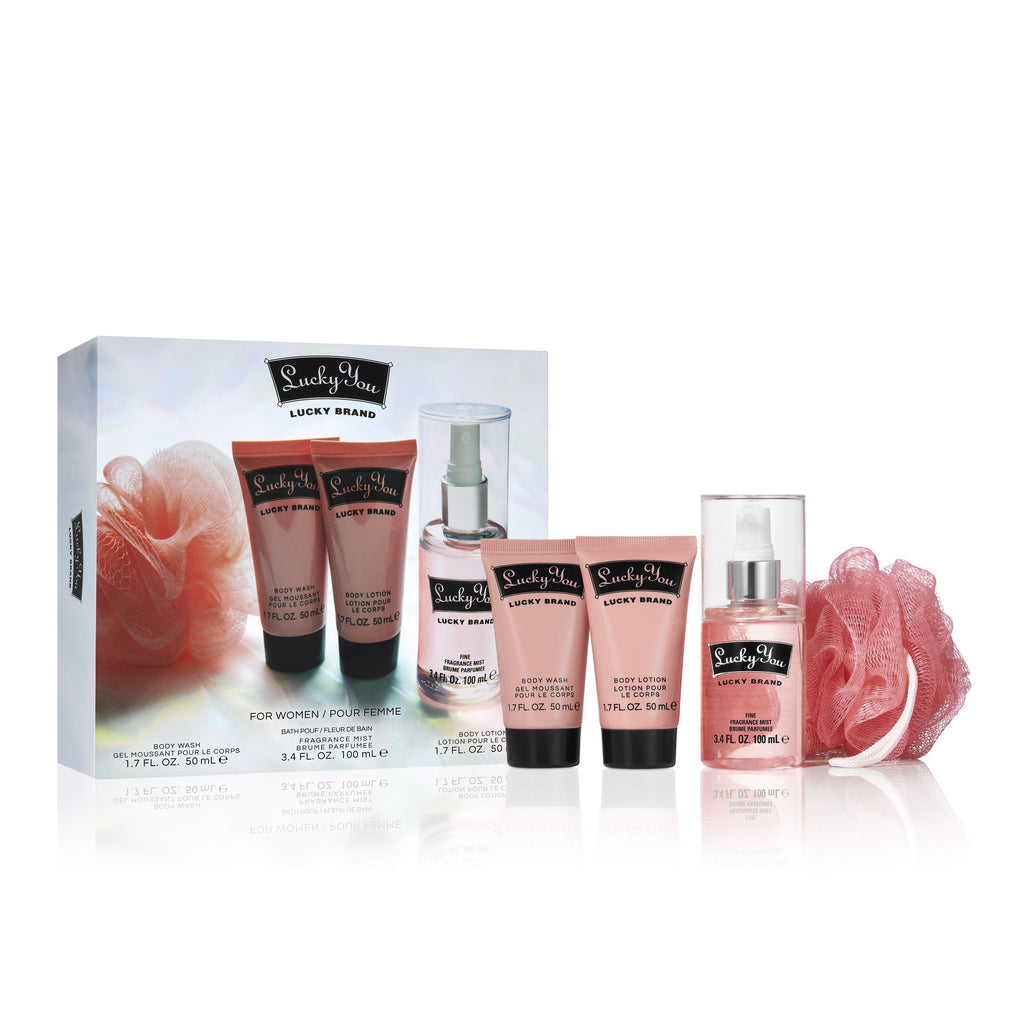LUCKY YOU 4 PCS SET FOR WOMEN: 3.4 FRAGRANCE MIST + 1.7 BODY LOTION + 1.7 BODY WASH + BATH POUF