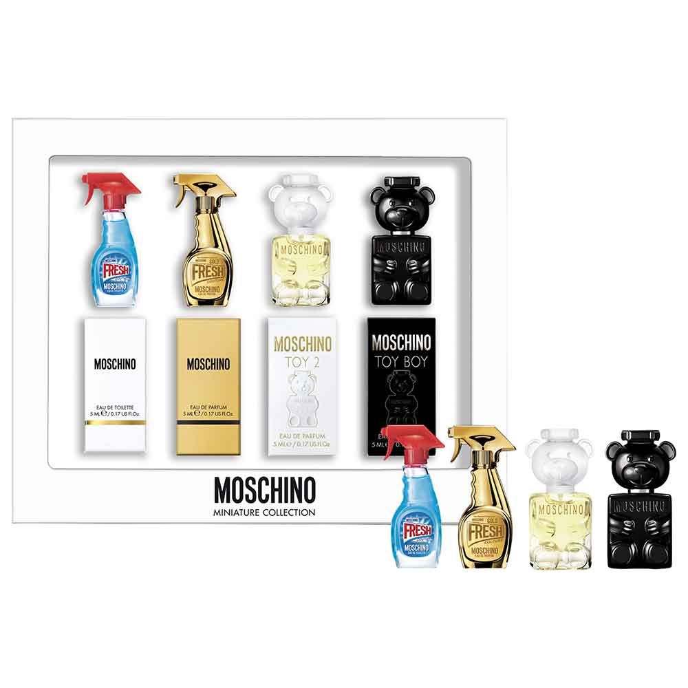 MOSCHINO 4 PCS MINI SET: FRESH 5 ML EAU DE TOILETTE + FRESH GOLD 5 ML EAU DE PARFUM + TOY 2 5 ML EAU DE PARFUM + TOY BOY 5 ML EAU DE PARFUM