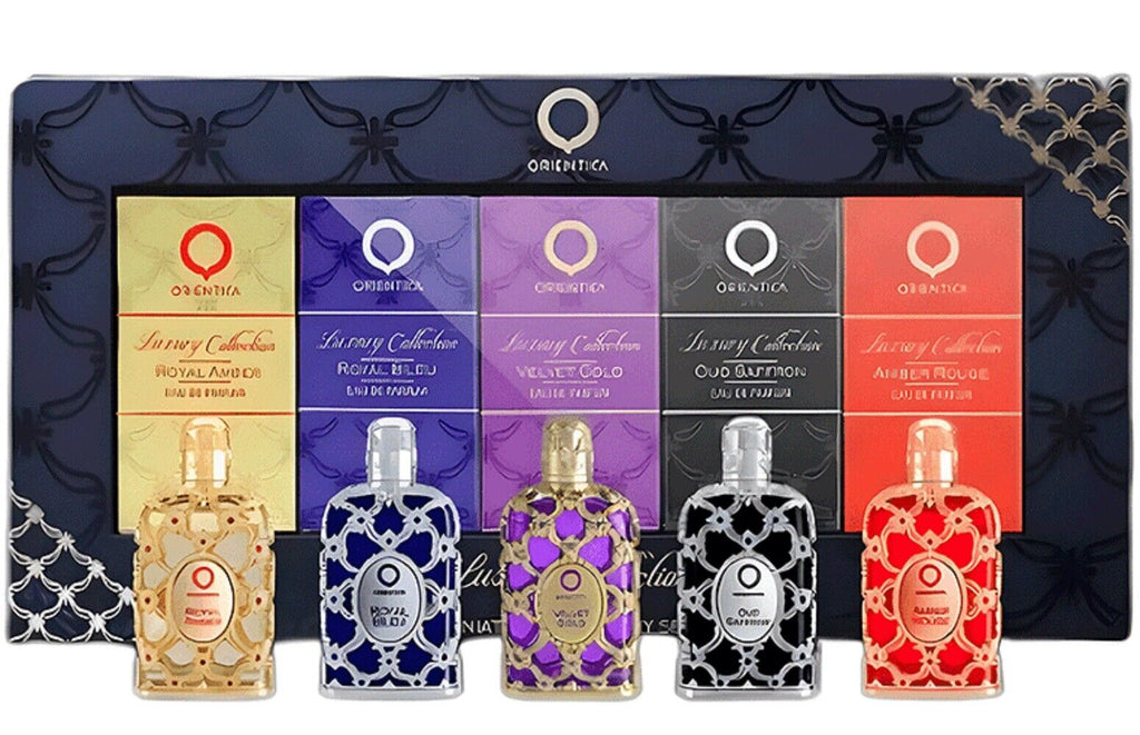 ORIENTICA 5 PCS MINI SET: ROYAL AMBER 0.25 EAU DE PARFUM + AMBER ROUGE 0.25 EAU DE PARFUM + OUD SAFFRON 0.25 EAU DE PARFUM + VELVET GOLD 0.25 EAU DE PARFUM + ROYAL BLEU 0.25 EAU DE PARFUM