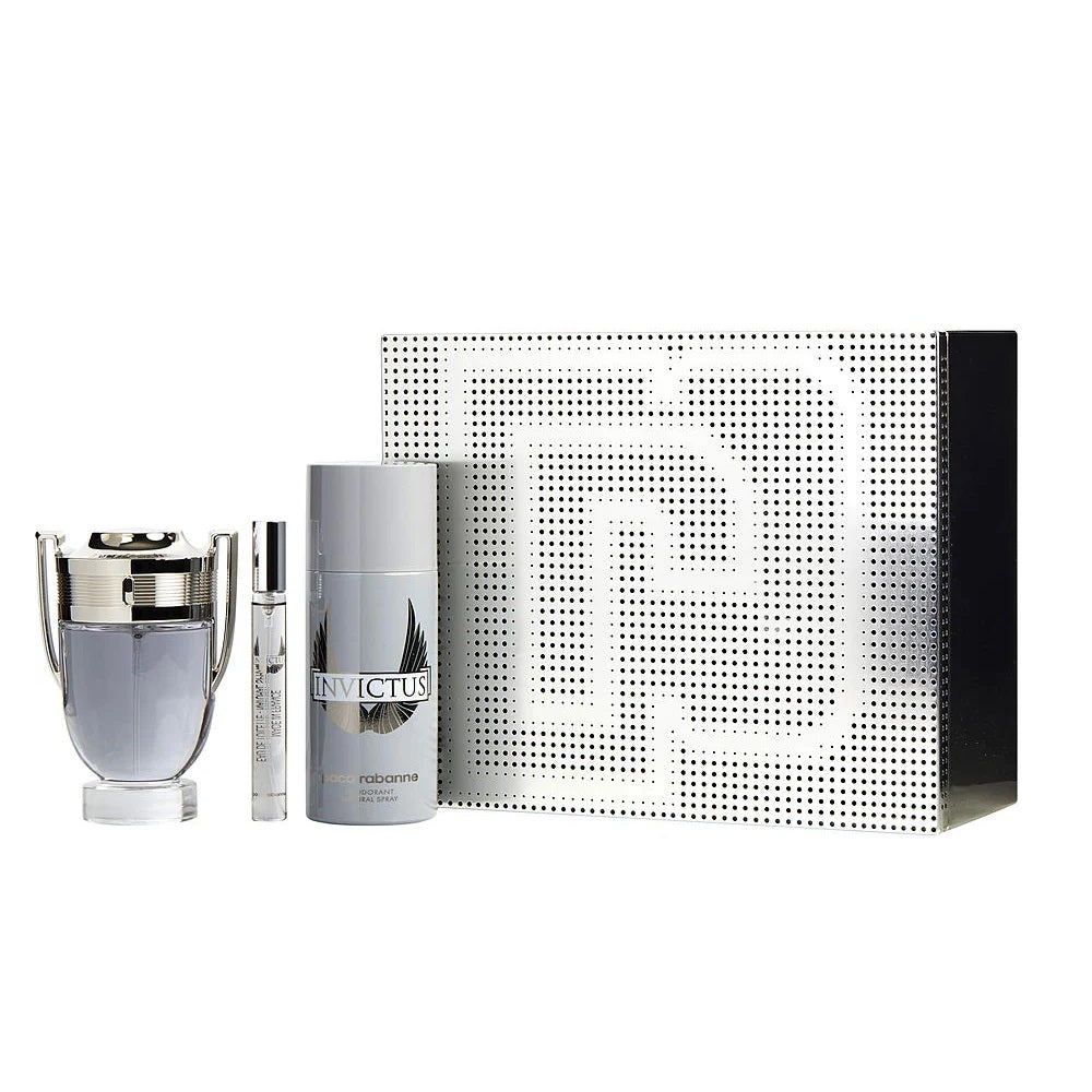 PACO INVICTUS 3 PCS SET: 3.4 EAU DE TOILETTE SPRAY + 5.1 OZ DEODORANT SPRAY + 0.34 OZ EAU DE TOILETTE TRAVEL SPRAY (METAL BOX)