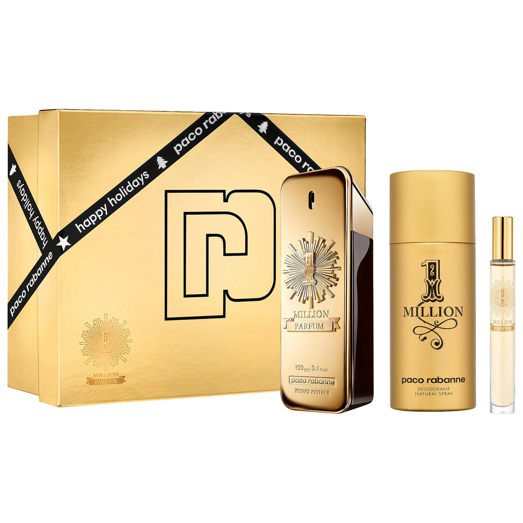 PACO RABANNE ONE MILLION PARFUM 3 PCS SET FOR MEN: 3.4 PARFUM SPRAY + 0.34 PARFUM SPRAY + 5.1 DEODORANT SPRAY
