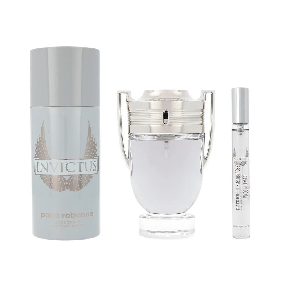 PACO RABANNE INVICTUS 3 PCS SET FOR MEN: 3.4 EAU DE TOILETTE SPRAY + 0.34 EAU DE TOILETTE SPRAY + 5.1 DEODORANT SPRAY.