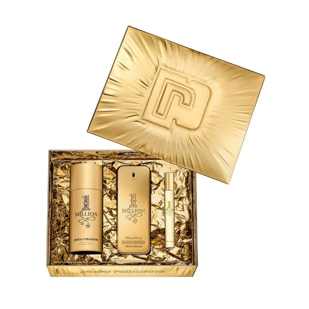 PACO RABANNE ONE MILLION 3 PCS SET FOR MEN: 3.4 EAU DE TOILETTE SPRAY + 0.34 EAU DE TOILETTE SPRAY + 5.1 DEODORANT SPRAY.