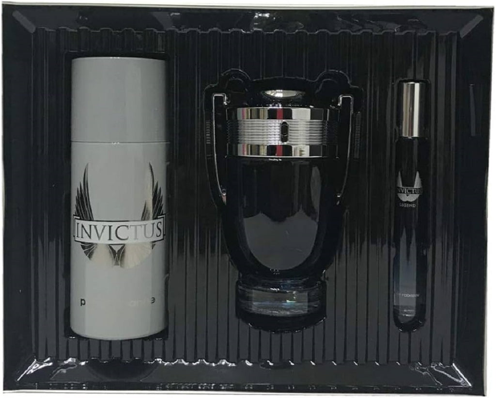 PACO RABANNE INVICTUS LEGEND 3 PCS SET FOR MEN: 3.4 EAU DE PARFUM SPRAY + 5.1 DEODORANT SPRAY + 0.34 EAU DE PARFUM SPRAY