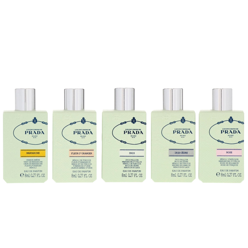 PRADA 5 PCS MINI SET FOR WOMEN: IRIS 0.27 OZ EAU DE PARFUM + IRIS CEDRE 0.27 OZ EAU DE PARFUM + ROSE 0.27 OZ EAU DE PARFUM + FLEUR D'ORANGER 0.27 OZ EAU DE PARFUM + MANDARINE 0.27 OZ EAU DE PARFUM