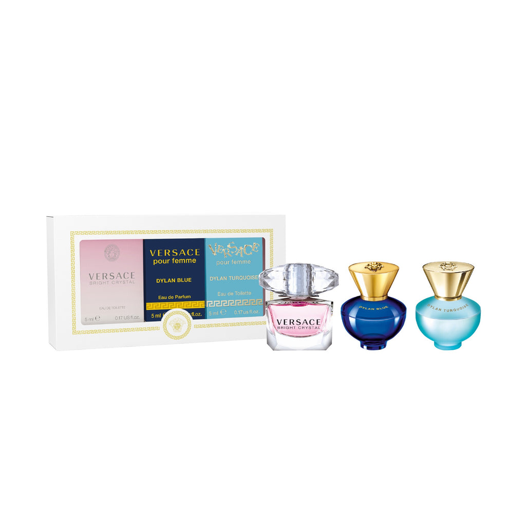 VERSACE 3 PCS MINI SET FOR WOMEN (INDIVIDUAL BOX): DYLAN TURQUOISE 5 ML EAU DE TOILETTE + DYLAN BLUE 5 ML EAU DE PARFUM + BRIGHT CRYSTAL 5 ML EAU DE TOILETTE