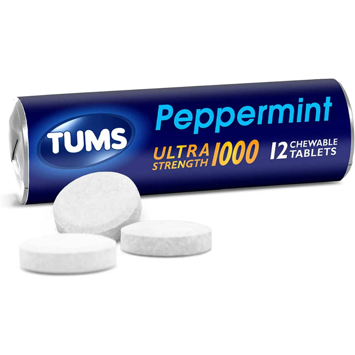 TUMS Ultra Strength Antacid Chewable Tablets, Peppermint Flavor, Portable 12-Count Roll - Fast Heartburn Relief