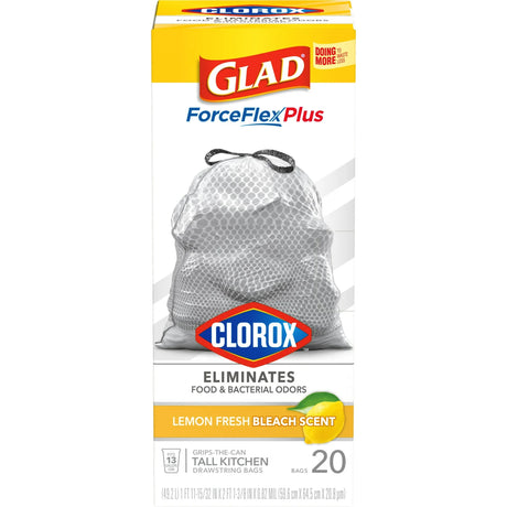 Glad ForceFlex Plus with Clorox Tall Kitchen Drawstring Trash Bags, 13 Gallon, Lemon Fresh Bleach Scent, 20 Count