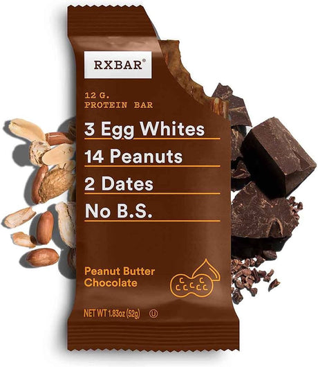 RXBAR Protein Bar (Chocolate Sea Salt or Peanut Butter Flavors), 1.83 oz Bars - 12g Protein, No B.S. Ingredients